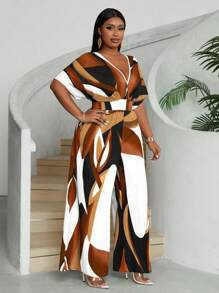 Maweii Plus Size Floral Print Batwing Sleeve Wide Leg Jumpsuit