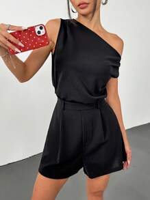 SHEIN EZwear 肩部镂空不对称连体短款连体衣 - 黑色 - 查看 1