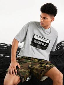 Supernatural X SHEIN 男士休闲夏季字母图案短袖 T 恤 - 灰色 - 查看 1