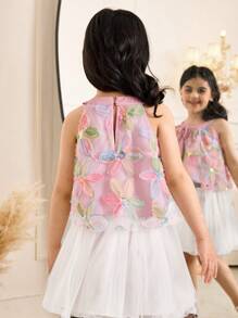 年轻女孩编织碎花圆领修身无袖 T 恤 - 彩色 - 查看 4