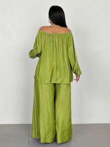 Maweii Plus Size Solid Color Off Shoulder Lantern Sleeve Top And Pants 2 Pieces Set Fall Cloth For Women - Lime Green - View 5