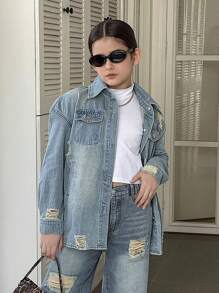 SHEIN Fashion Heavy Wash Light Blue Distressed Holey Street Style Tween Girl Denim Jacket Outerwear