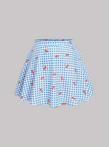 SHEIN MOD Plus Size Women Blue & White Plaid Crop Top With Tie Straps & Short Flared Skirt Set, Vacation Countryside Outfit