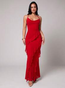 Silquee 春夏度假纯红色，浪漫情人节约会勃艮第红色，酒红色休闲连衣裙，女士荷叶边下摆不对称吊带裙，情人节约会连衣裙，派对连衣裙，婚礼伴娘连衣裙，舞会连衣裙，日常通勤连衣裙，红色连衣裙，生日迷你连衣裙 - 紅色 - 查看 5