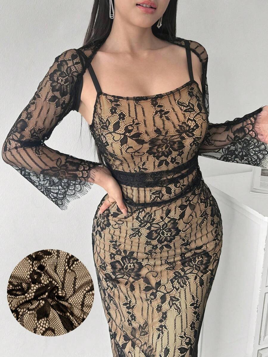 Modelyn Women Floral Lace Camisole Top And Spaghetti Strap Dress Elegant 2 Pieces Set - Black - View 1