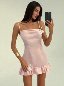 Aloruh Romantic Date Shallow Pink Spaghetti Strap Wrap Draped Neck 3D Floral Ruffle Women Mini Dress - Baby Pink - View 7