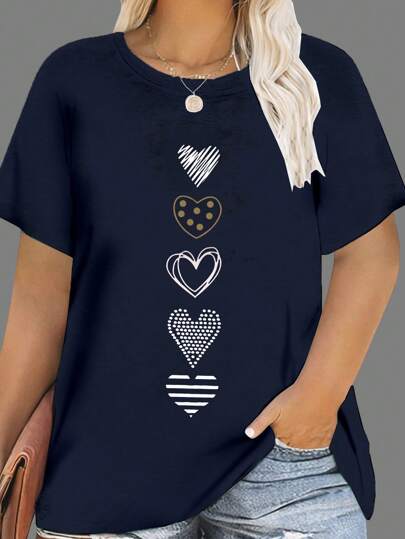 Plus Size T-Shirt With Heart Print And Round Neckline Graffiti Graphic Tees Women Tops