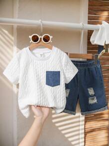 SHEIN Genkimix Kids 2pcs Young Boy Soft Knit Wavy Crew Neck Short Sleeve Tee & Ripped Denim Shorts Set, Suitable For Outdoor & Street Wear - Multicolor - View 4