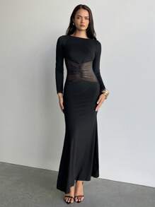 Aloruh 拼接长袖修身收腰迷你连衣裙，性感别致 - 黑色 - 查看 5