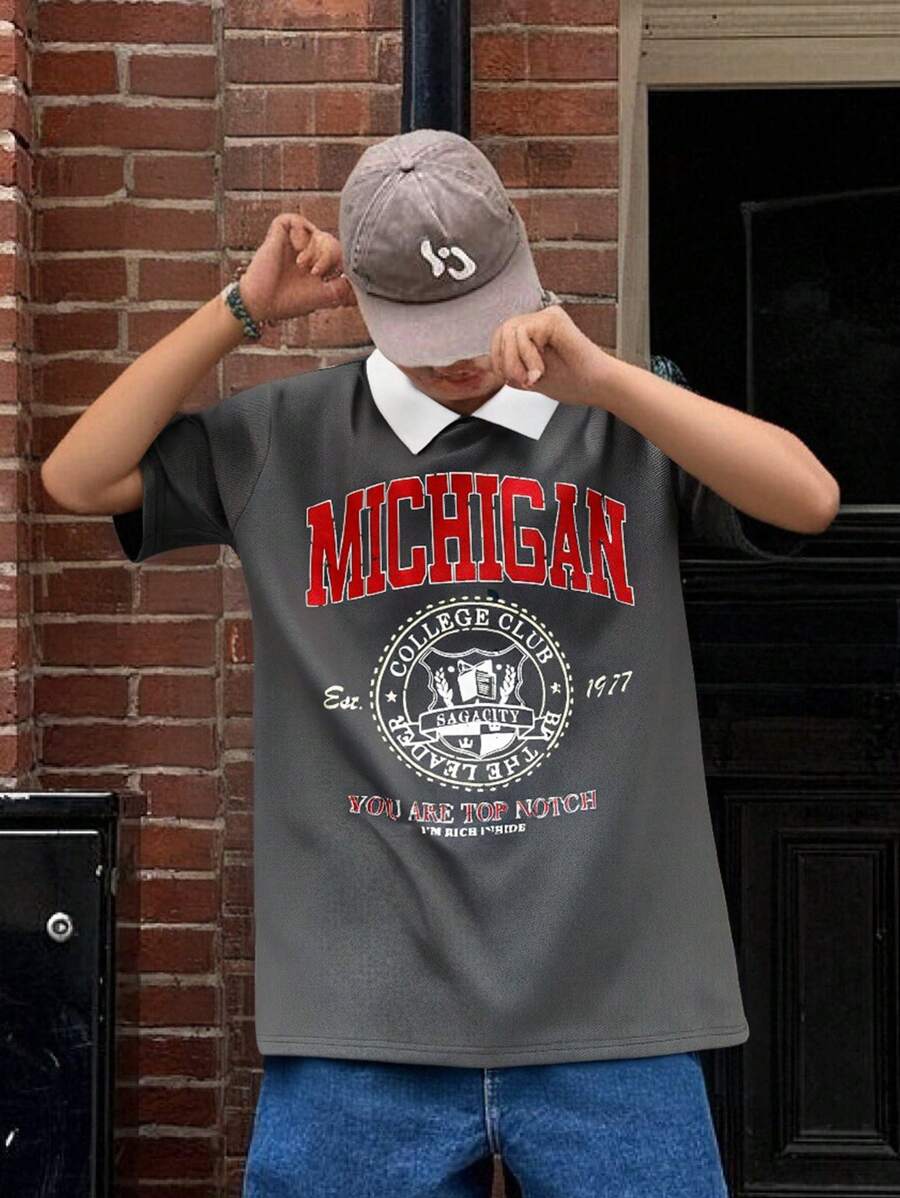 SHEIN Tween Boy Splice Casual Color Block Pattern Polo Shirt With Turndown Collar - Grey - View 1