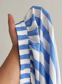 Maweii Plus Size Women's Blue Striped High Slit Backless Halter Dress - Blue and White - View 7