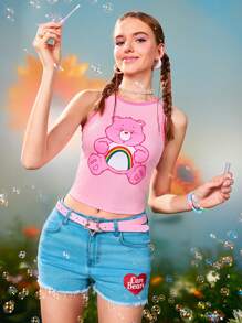 SHEIN X Care Bears Top corto de tirantes rosa con estampado gráfico de Cheer Bear de dibujos animados, para mujer, estilo casual, para festivales de música de verano