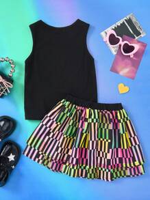 THE POWERPUFF GIRLS X SHEIN Young Girl 2pcs/Set Cartoon Cool Heart, Blossom, Bubbles, Buttercup Print Tank Top And Mini Skirt Set, Suitable For Spring& Summer,Concerts And Parties - Black - View 2