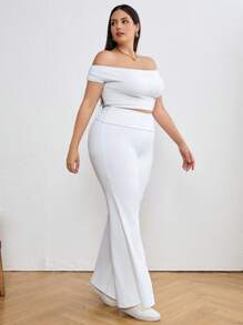 SHEIN Tall CURVE Plus Size Solid Color Off Shoulder Cropped Top Flared Pants Two Pieces Set - White - View 6