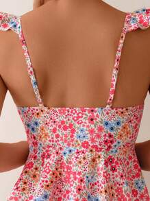 Swim Mod 2 Pieces Beach Summer Vacation Outfits For Women: V-Neck Ditsy Floral Ruffle Trim Swimwear Top And High Waist Tankini Bottom - Multicolor - View 7