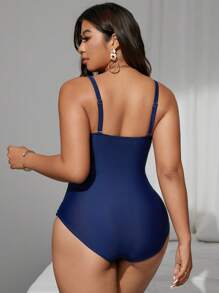Swim Chiccia Plus Size One-Piece Swimsuit, Solid Color With 3D Floral & Mesh Patchwork Design, Minimalist Style For Women, Summer Beach Vacation Wear - Navy Blue - View 2