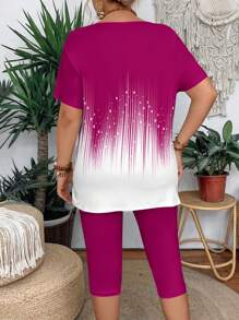 Summer Casual Color Block Short Sleeve T-Shirt And Leggings 2 Pieces Set For Plus Size Women, Slim Fit Summer Women Outfit