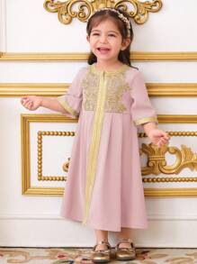 SHEIN Leap Crew Baby Girl Plain Knit Patchwork Gold Ribbon Long Dress - Pink - View 3