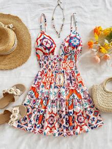 Soleia Women's Summer Vacation Style Colorful Sicilian Floral Print Hollow Back Layered Ruffle Hem Short Dress, Autumn,Sun Dress