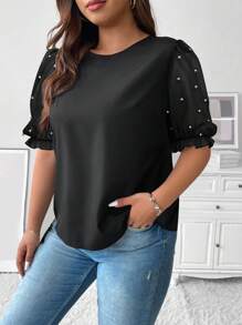 Celure 大码女式优雅浪漫日常聚会休闲圆领泡泡袖珍珠缀饰衬衫