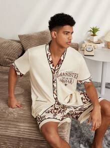 Game of Thrones X SHEIN 男士字母印花口袋短袖上衣和短裤家居服套装