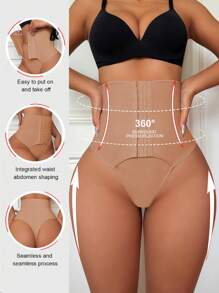 Women High Waist Slimming Pants, Button Front G-String Panties - Khaki - View 3
