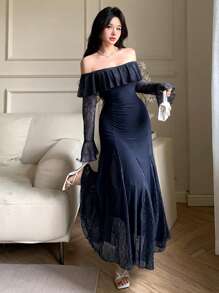 DAZY 女士性感裹身优雅中长连衣裙，春夏优雅，荷叶边 - 藏蓝色 - 查看 3