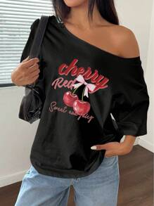 Flirla Women Loose Bowknot Asymmetrical Neck T-Shirt, Oversized Cherry Pink Y2K Style - Black - View 3
