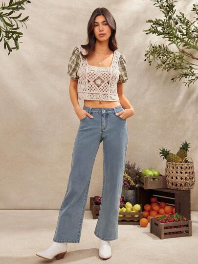 WESTFADE 低腰宽松直筒西部牛仔牛仔裤春假夏季休闲度假