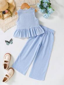 SHEIN 2pcs/Set Young Girls Textured Crinkle Plaid Sleeveless Top With Ruffle Trim Asymmetrical Hem And Wide Leg Pants, Casual Resort Vacation Outfit - Blue - View 2