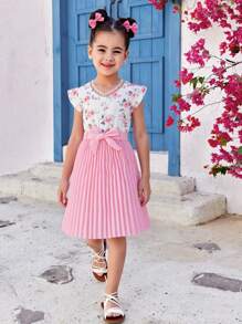 SHEIN Girls Children Summer New Elegant Ditsy Floral V-Neck Patchwork Pleated Dress With Belt, Young Girl Formal Dress - Pink - View 1