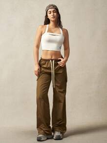 VARSITIE Pantalones deportivos casuales sueltos con cintura baja, cordón y brillo