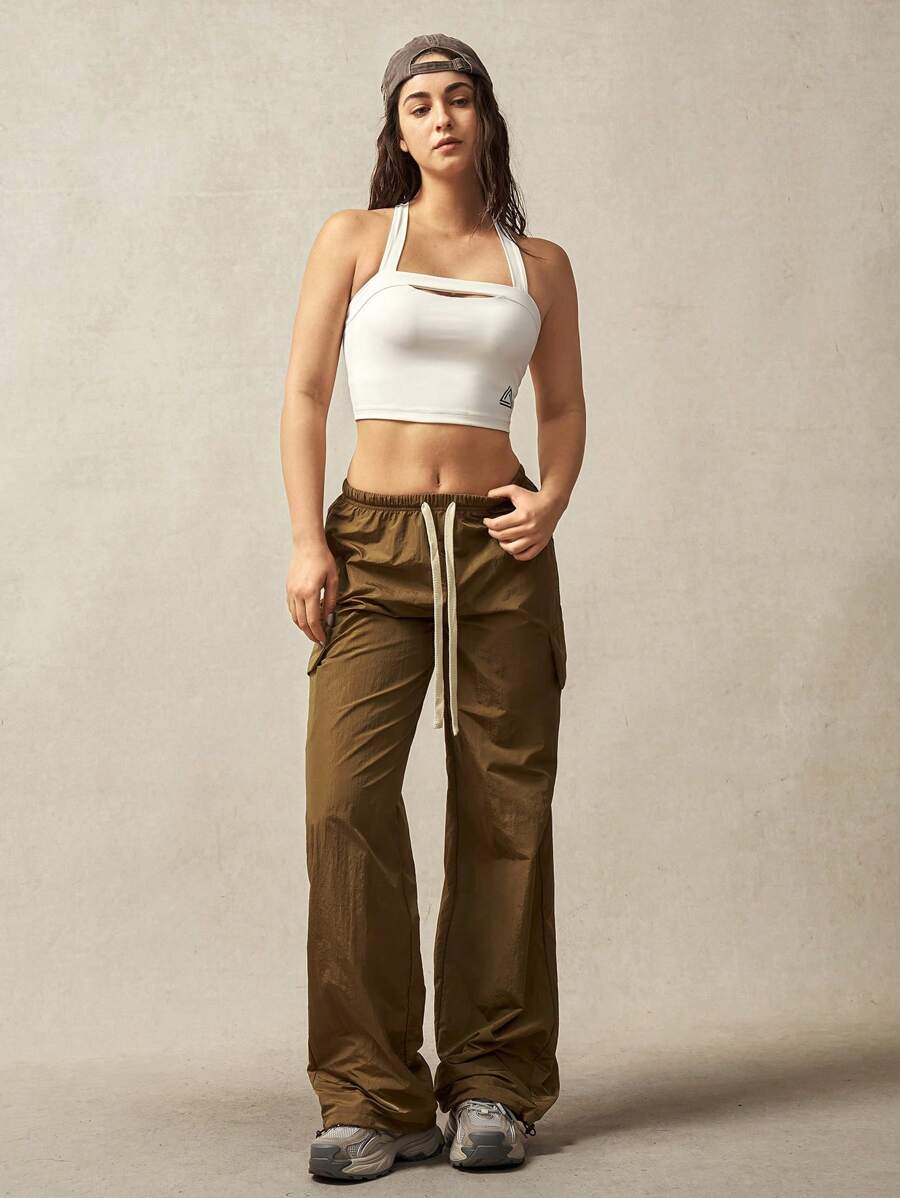 VARSITIE Pantalones deportivos casuales sueltos con cintura baja, cordón y brillo
