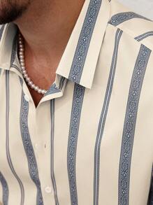 VENTUSAIL Bộ áo sơ mi ngắn tay kẻ sọc đơn giản và quần short cho nam, thời trang cho trang phục đi biển mùa hè dành cho nam Bộ đồ áo sơ mi nam Bộ đồ ngắn cho nam Bộ đồ hai mảnh cho nam Bộ đồ hai mảnh cho nam - Màu be - Xem 2