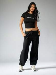 MISSGUIDED Last Mood 短款 T 恤基本款都市街头风格个性文字印花短袖棉混纺休闲运动家居服周末必备 - 黑色 - 查看 4