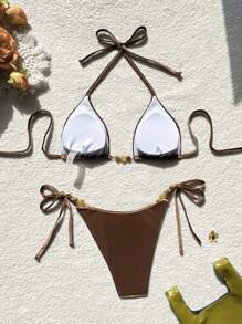 Swim Chiccia Women's New Halter Neck Sexy Velvet Fabric Tie-Up Triangular Bikini Set For Summer Beach Vacation - Brown - View 2