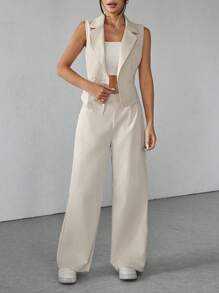 SHEIN PETITE Two Pieces Fall Outfits 2pcs/Set Women Solid Color Sleeveless Top And Pants Fall Clothes - Khaki - View 5