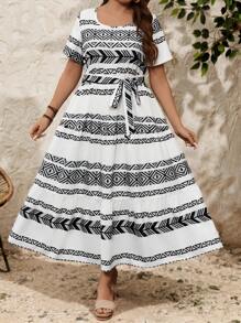 Breezaya Robe casual à nœud papillon avec imprimé bohème, grande taille, printemps/été