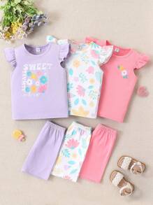 SHEIN Playful Pals 6 pièces/set T-shirt à manches courtes avec volants à imprimé floral et short, tenue décontractée pour jeune fille. Convient pour les sorties d'été et le port quotidien - Multicolore - Voir 1