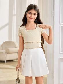 Tween Girls Ribbed Contrast Trim Mock Neck Peplum Hem Short Sleeve T-Shirt, Back To School Casual Versatile Top, Y2K Style, Mommy And Me Matching - Beige - View 8