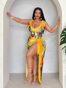 Slaydiva 加大码女式动物印花泳衣，搭配透明系带裙，两件套，适合海滩度假 - 彩色 - 查看 5