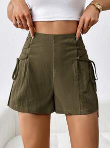 SHEIN Essnce Pantalones cortos de verano casuales de mujer hechos de algodón y lino con nudo lateral en forma de A