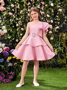 SHEIN Leap Crew Tween Girls' Elegant Asymmetrical Double Layer Ruffle Sleeve Removable Belt Dress - Dusty Pink - View 6
