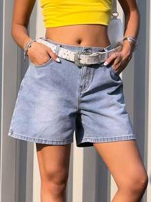 SHEIN Teen Girl Y2K Casual Washed Blue Denim Shorts,Kid Girls Spring And Summer Casual Vacation Country Boho Wear, Beach Outfits For Kid Girls,Western Street Wear For Girl ,Quarter Pants And Mid-Pants Jeans - Light Wash - View 4