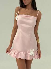 Aloruh Romantic Date Shallow Pink Spaghetti Strap Wrap Draped Neck 3D Floral Ruffle Women Mini Dress - Baby Pink - View 4