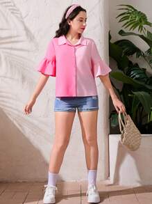 SHEIN Teen Girl Woven Color Block Shirt With Ruffled Collar And Loose Short Sleeves
