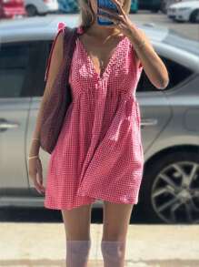 女士春季格子 V 领打结无袖时尚迷你连衣裙