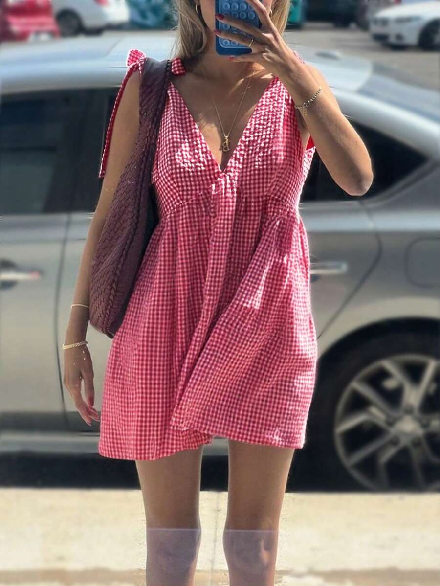 女士春季格子 V 领打结无袖时尚迷你连衣裙