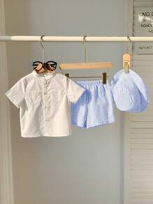 SHEIN Conjunto de 3 piezas de ropa de verano para niño/niña bebé: Sombrero de pescador a rayas, camisa blanca de botones, pantalones cortos a rayas casuales - Adecuado para interior, exterior, vacaciones