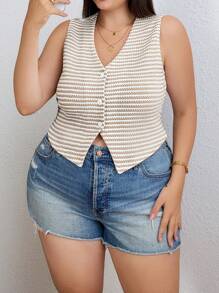 SHEIN Tall CURVE Plus Women's Summer Button-Front Sleeveless Striped Tank Top, Casual Everyday Wear,French Textured Knit Striped Top - Apricot - View 6